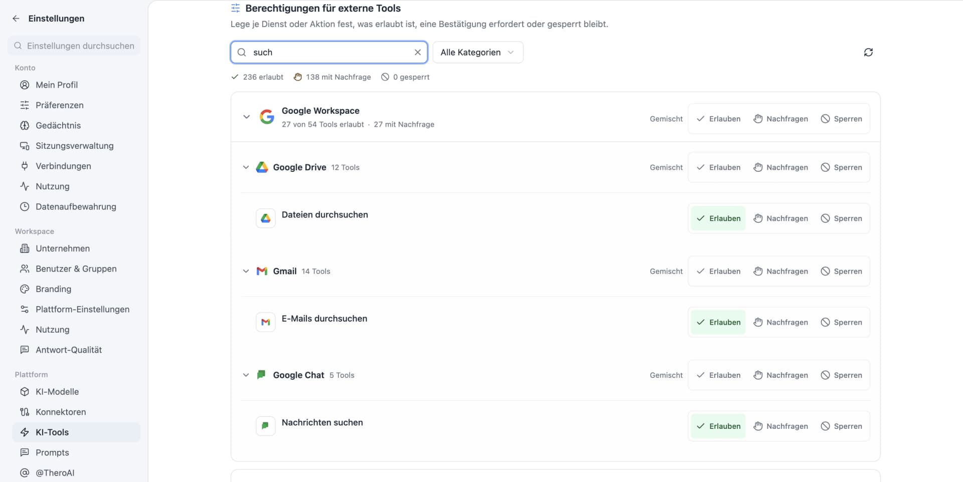 The AI tools settings in TheroAI (German interface): for each tool you can choose Erlauben, Nachfragen or Sperren, and writing tools such as “Browser bedienen” carry their own marker
