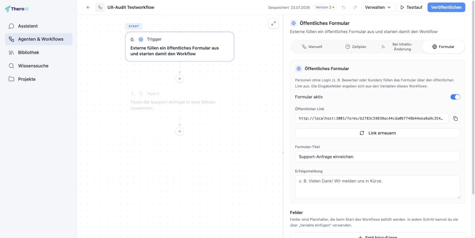 The workflow editor with a trigger and agent step on the canvas and the inspector panel for a public form with link, title and success message.