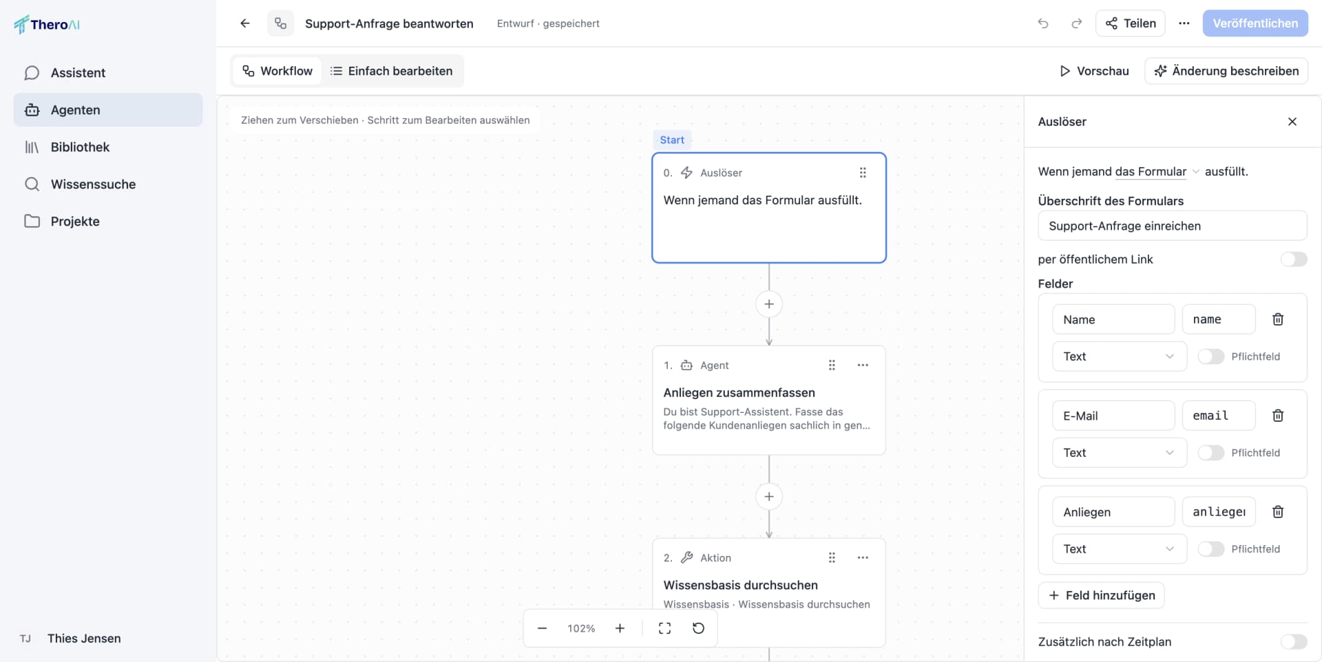 Der Workflow-Editor von TheroAI (deutsche Oberfläche) für „Support-Anfrage beantworten“: der Auslöser „Wenn jemand das Formular ausfüllt“, der Agentenschritt „Anliegen zusammenfassen“ und die Aktion „Wissensbasis durchsuchen“, rechts der Inspektor mit den Formularfeldern Name, E-Mail und Anliegen.