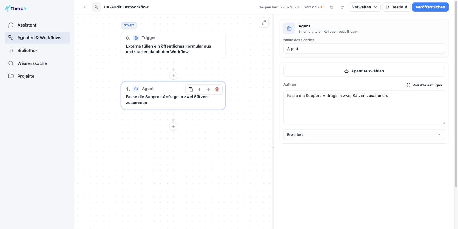 The workflow canvas with a selected agent step and the inspector showing step name, agent selection and instruction text.