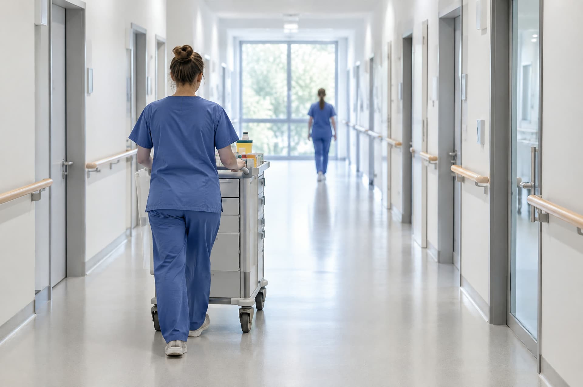 Heller Krankenhausflur mit Handläufen und Zimmertüren, eine Pflegekraft in blauer Dienstkleidung von hinten schiebt einen Medikamentenwagen.