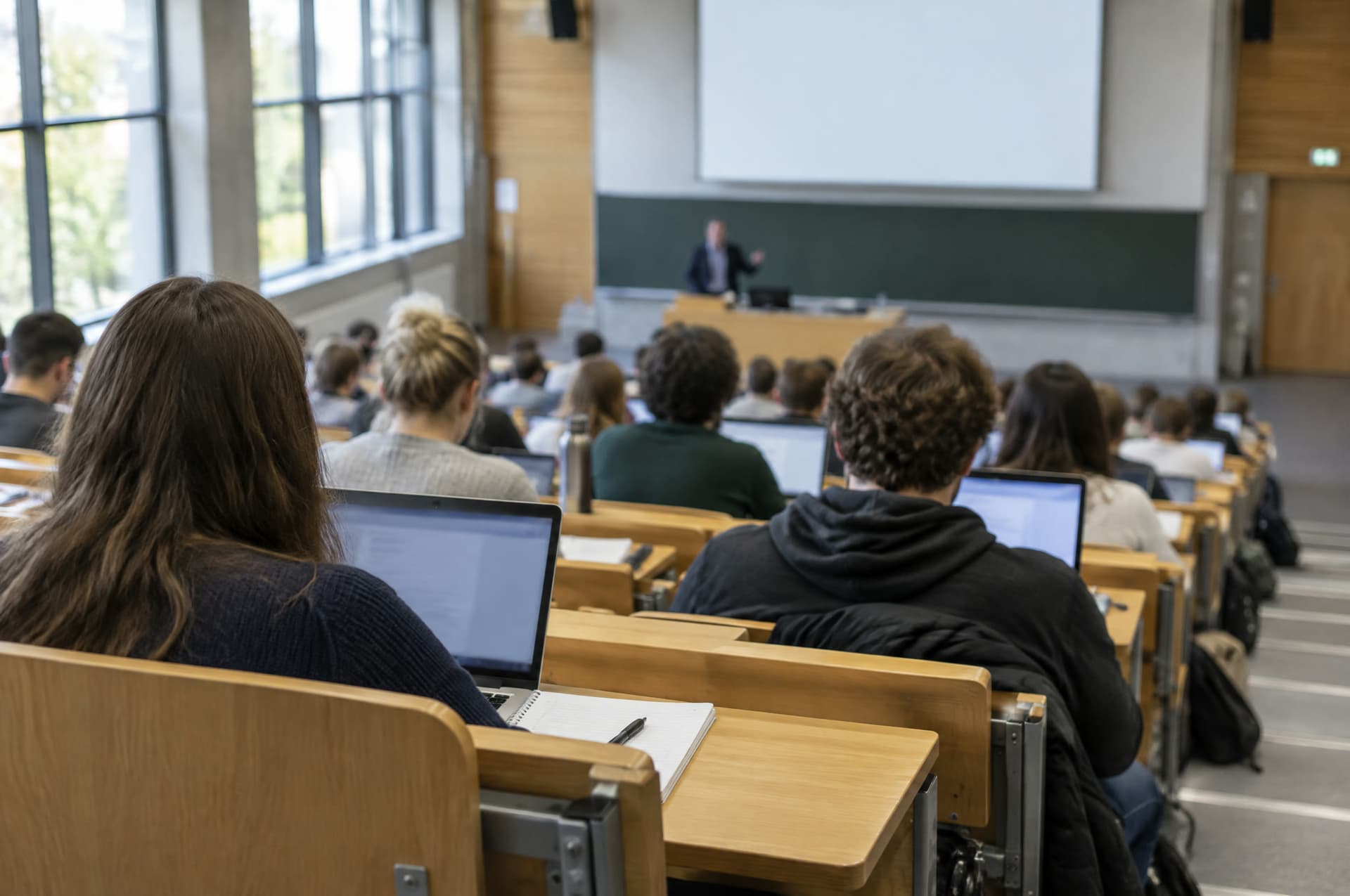View from the back rows of a lecture hall: students seen from behind with laptops and notebooks, a lecturer out of focus at the front before a projection screen.