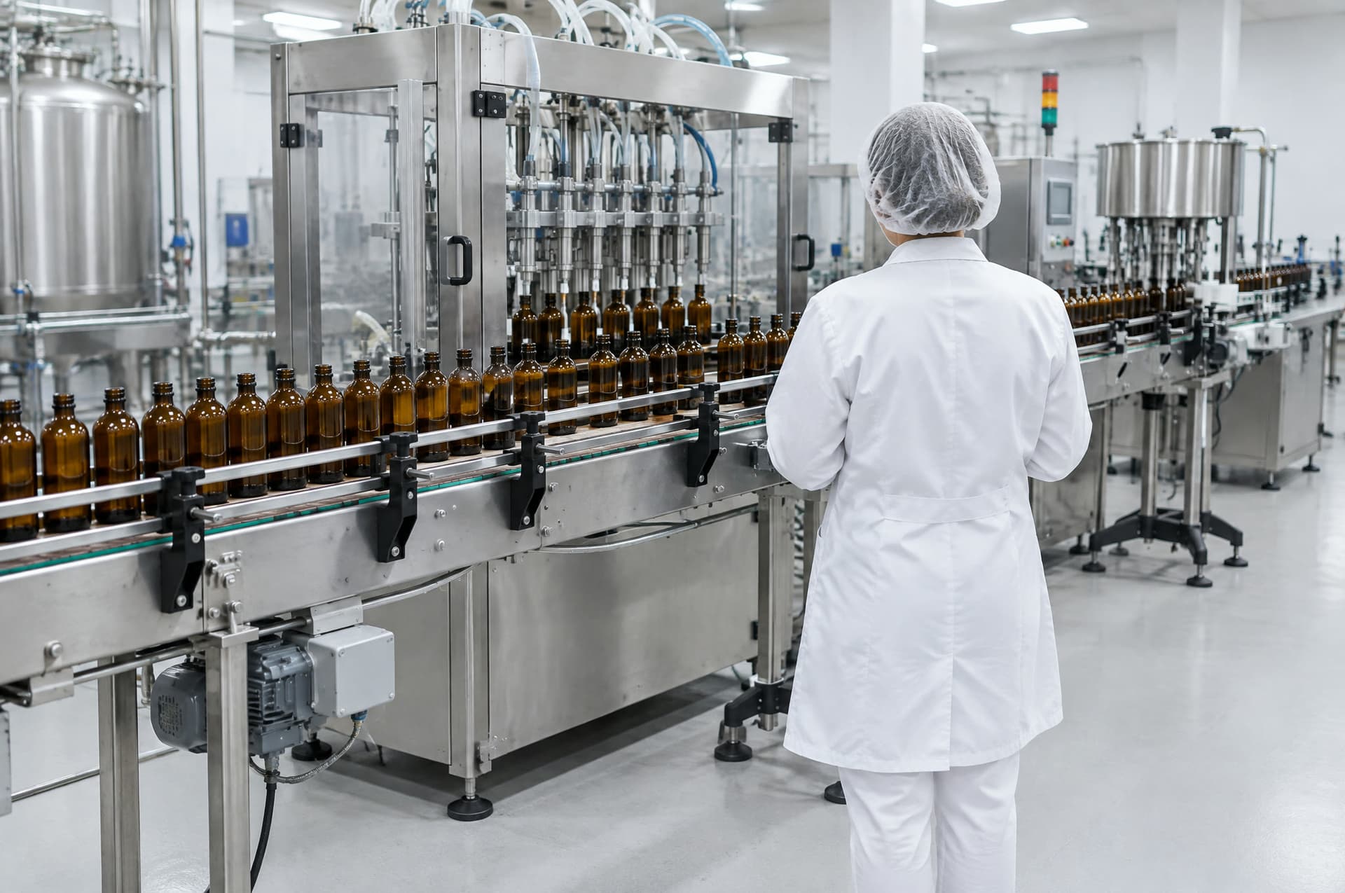 Abfüll- und Verpackungslinie mit Reihen unbeschrifteter Braunglasflaschen auf einem Förderband, eine Mitarbeiterin in Kittel und Haarnetz von hinten an der Linie.