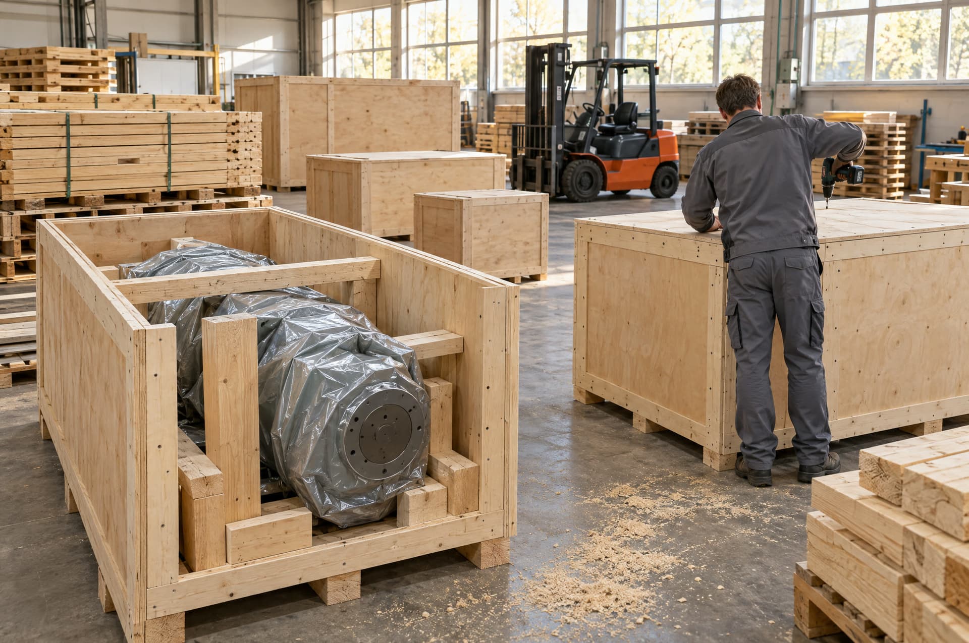 Halle eines Industrieverpackers: Holzkisten in verschiedenen Größen, in einer offenen Kiste ein mit Folie geschütztes Maschinenteil, ein Mitarbeiter von hinten beim Verschrauben eines Deckels.