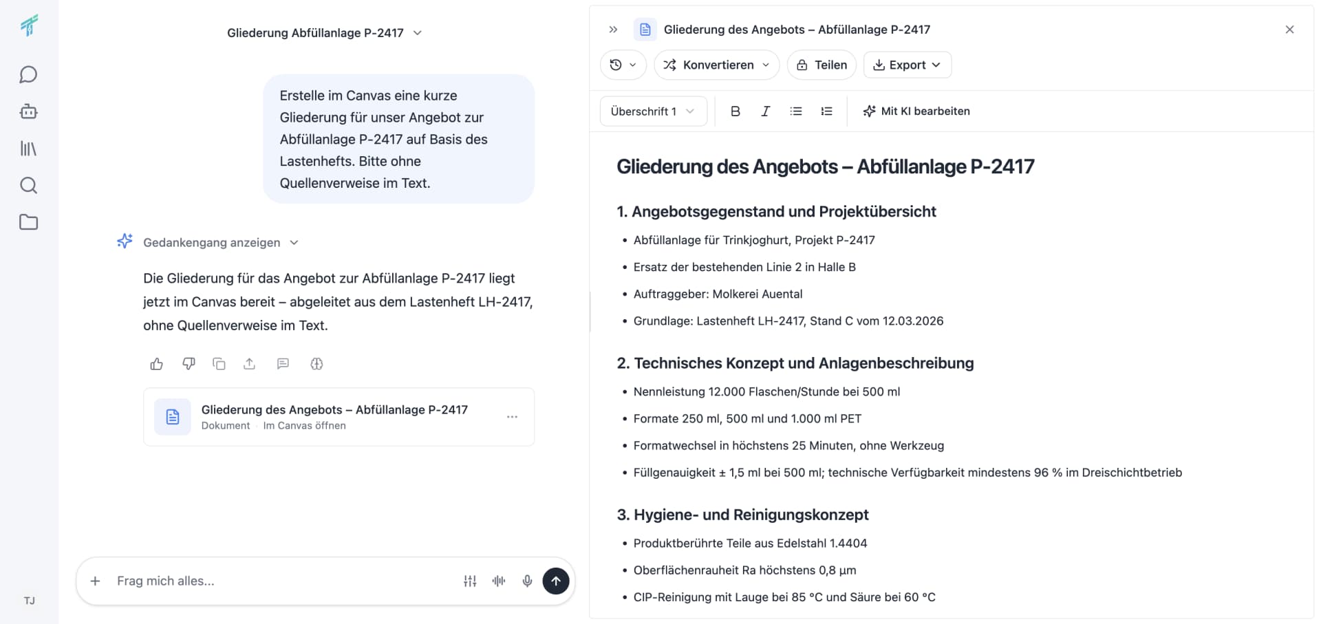 Ausschnitt aus dem Canvas in Thero: die Gliederung des Angebots für die Abfüllanlage P-2417 mit der Schaltfläche „Konvertieren“ und der Formatierungsleiste.