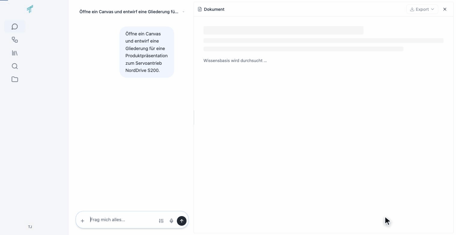 Screen recording of the canvas: an outline forms beside the chat and is edited directly in the document.